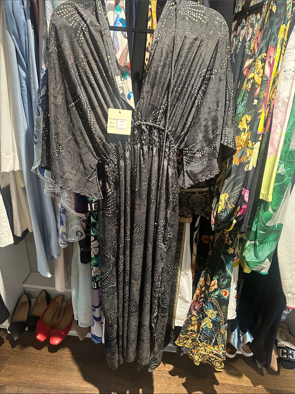 Black Metallic Dot-Print V-Neck Gathered-Waist Maxi Dress